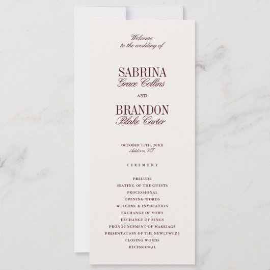 Modern Classic Burgundy Wedding Ceremony Program (Voorkant)