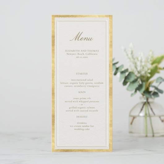 Modern Classic Elevated Gold Ecru Formal Wedding Menu (Staand voorkant)