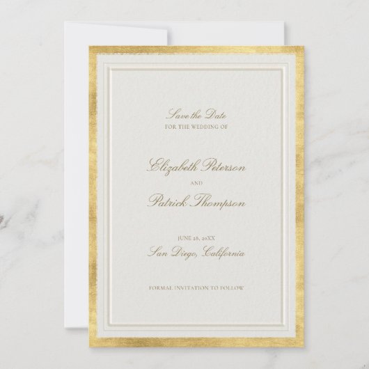 Modern Classic Formal Elevated Gold Ecru Wedding Save The Date (Voorkant)