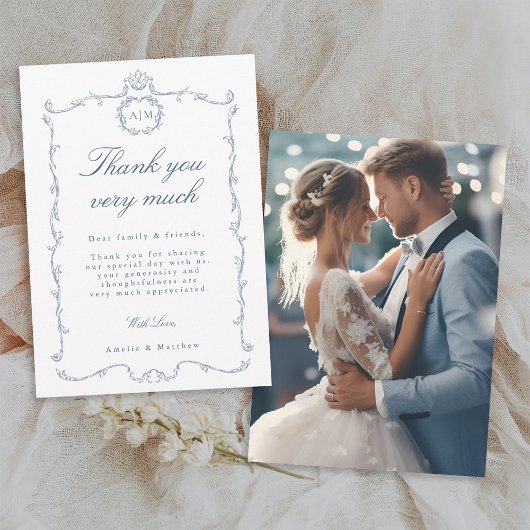 Modern Classic French Frame Blue Wedding Photo Bedankkaart