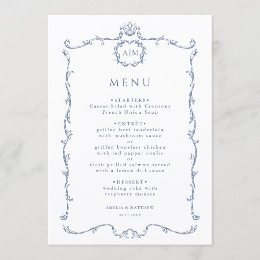 Modern Classic French Frame Wedding Dusty Blue Menu (Voorkant)