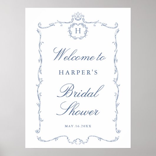 Modern Classic French Frame Wedding Dusty Blue Poster (Voorkant)
