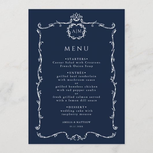 Modern Classic French Frame Wedding Navy Blue Menu (Voorkant)