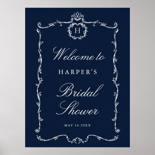 Modern Classic French Frame Wedding Navy Blue Poster (Voorkant)