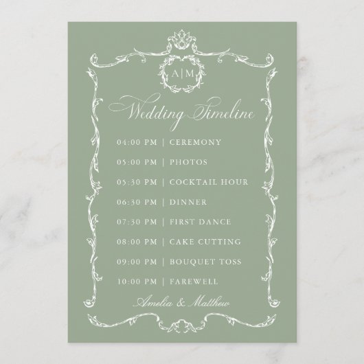 Modern Classic French Sage Green Wedding Timeline Programmakaart (Voorkant)
