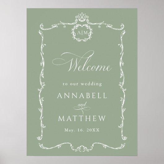 Modern Classic French Sage Green Wedding Welcome Poster (Voorkant)