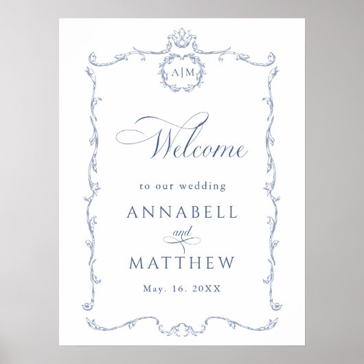 Modern Classic French Wedding Dusty Blue Welcome Poster (Voorkant)