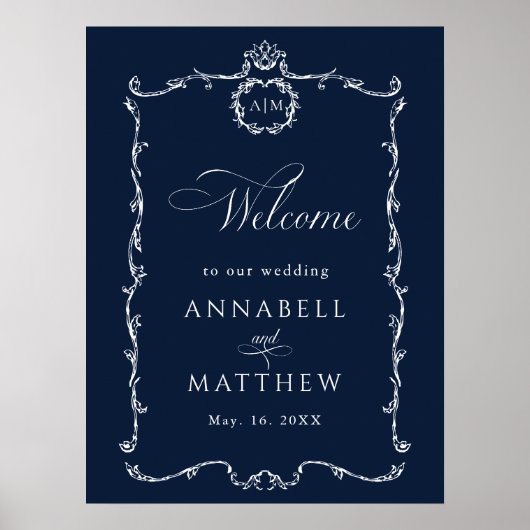 Modern Classic French Wedding Navy Blue Welcome Poster (Voorkant)