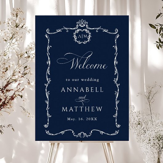 Modern Classic French Wedding Navy Blue Welcome Poster