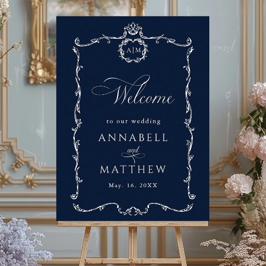Modern Classic French Wedding Navy Blue Welcome Poster