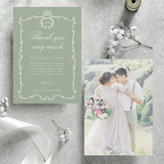 Modern Classic French Wedding Photo Sage Green Bedankkaart