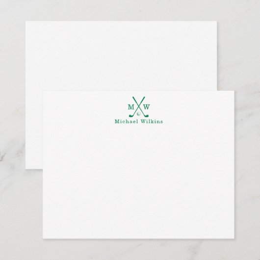 Modern Classic Green Crossed Clubs Golf Monogram Notitiekaartje (Voorkant / Achterkant)
