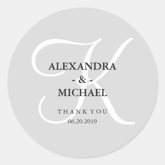 Modern Classic grijs monogram en dank u Ronde Sticker (Voorkant)