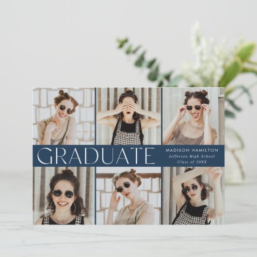 Modern Classic Navy 6 Foto Afstuderen Aankondiging (Staand voorkant)