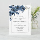 Modern Classic Navy Blue Floral Photo Wedding Kaart (Staand voorkant)