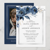 Modern Classic Navy Blue Floral Photo Wedding Kaart (Voorkant / Achterkant)