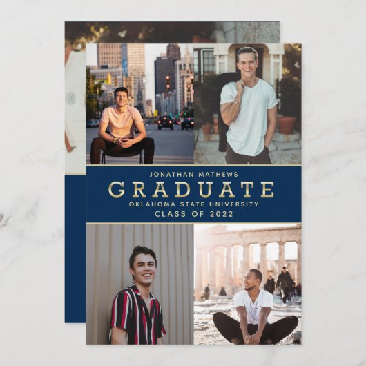 Modern Classic Navy Blue Gold Photo Afstuderen Aankondiging (Voorkant / Achterkant)