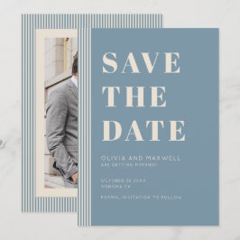 Modern Classic Save The Date Blue Striped Photo Kaart