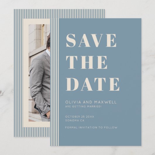 Modern Classic Save The Date Blue Striped Photo Kaart (Voorkant / Achterkant)