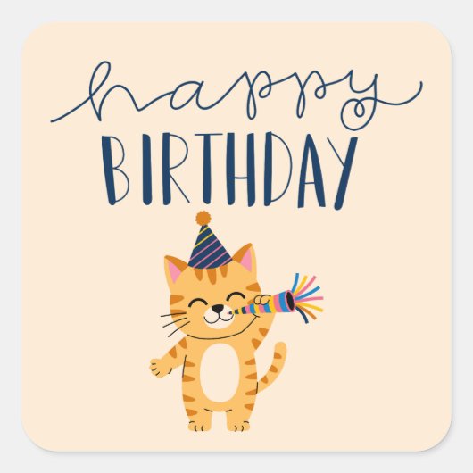 Modern Classic Simple Happy Birthday Cat Vierkante Sticker (Voorkant)