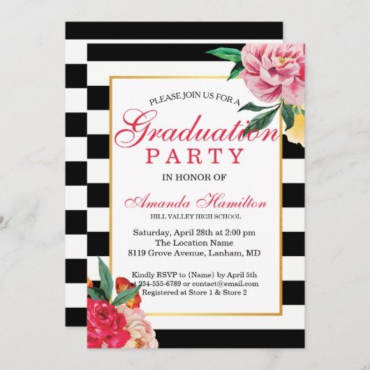 Modern Classic Striped Floral Peony Afstuderen Kaart (Voorkant / Achterkant)