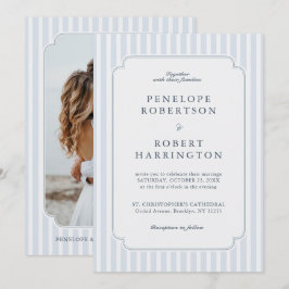 Modern Classic Stripes Dusty Blue Photo Wedding Kaart