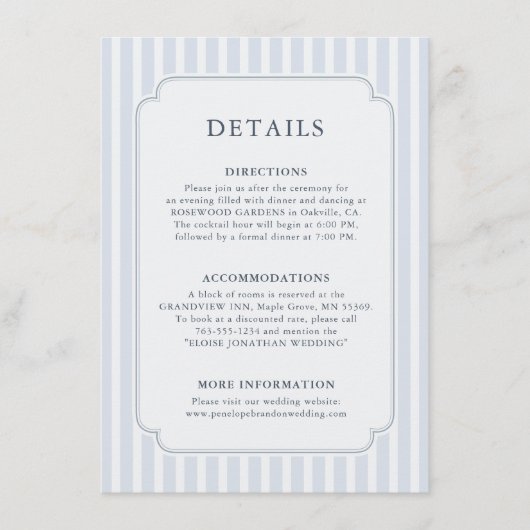 Modern Classic Stripes Dusty Blue Wedding Details Informatiekaartje (Voorkant)