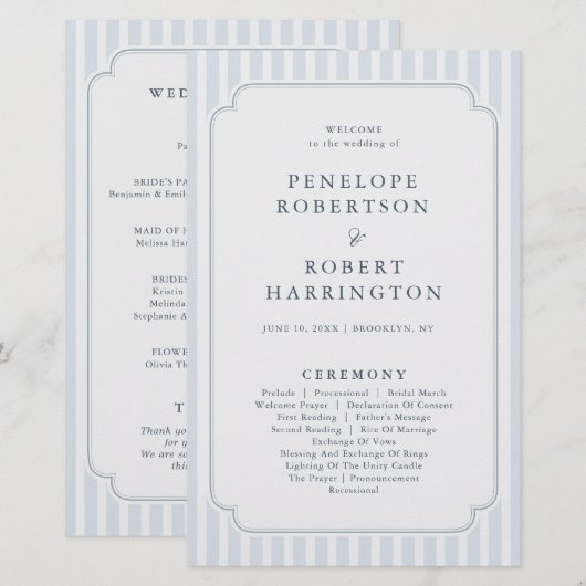 Modern Classic Stripes Dusty Blue Wedding Program (Voorkant / Achterkant)