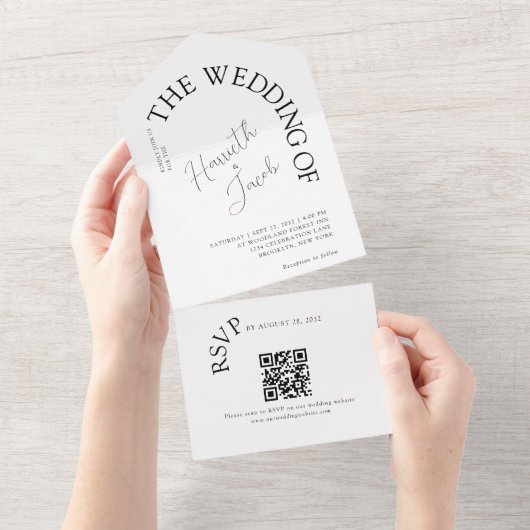 Modern Classic the Arch Typografie QR code Bruilof All In One Uitnodiging (Afscheurbaar)