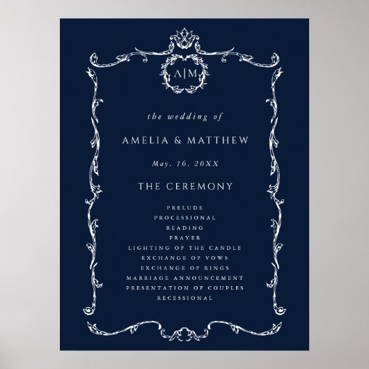 Modern Classic Wedding Ceremony Program Navy Blue Poster (Voorkant)
