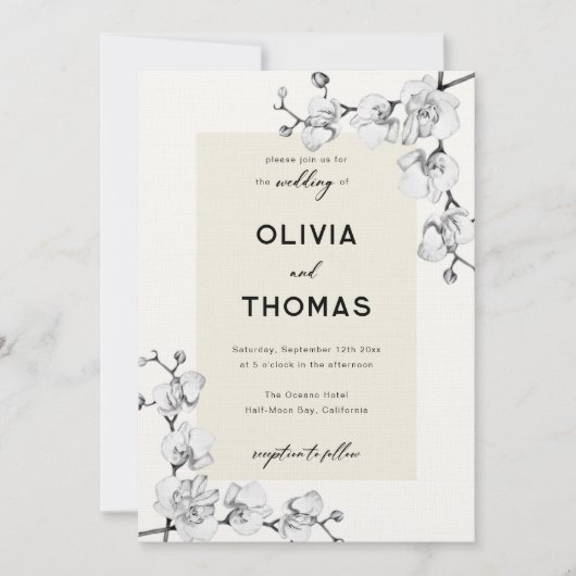 Modern Classic Zwart Wit Orchideeën Lijst Bruiloft Kaart (Voorkant)