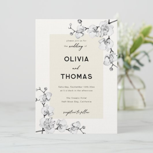 Modern Classic Zwart Wit Orchideeën Lijst Bruiloft Kaart (Staand voorkant)