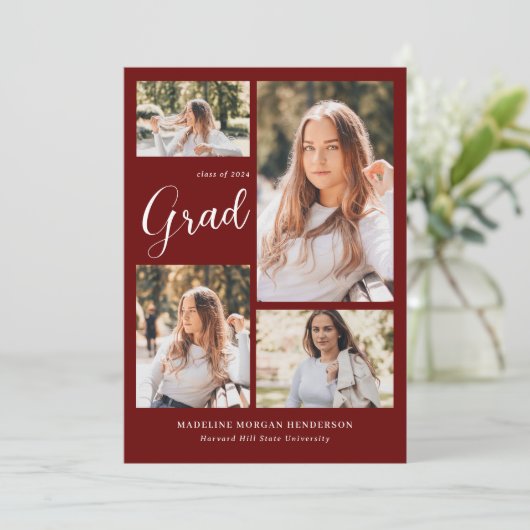Modern Classy 5 Fotocollage Bourgondië Afstuderen Aankondiging (Staand voorkant)