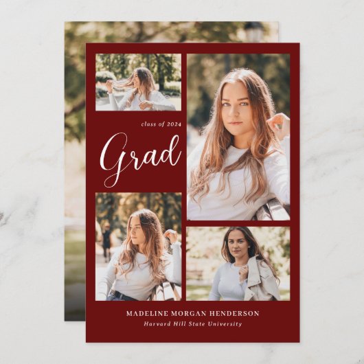 Modern Classy 5 Fotocollage Bourgondië Afstuderen Aankondiging (Voorkant / Achterkant)