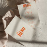 Modern Classy Bright Whimsical Fun Wedding Menu<br><div class="desc">Een kleurrijke retro funky moderne heldere bruiloft diner menu. Met een chique sjabloon ontwerp van boho  romige achtergrond en oranje typografie en handgeschreven menu in sinaasappel. Perfect en passend bij de hele suite.</div>