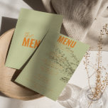 Modern Classy Bright Whimsical Unieke bruiloft Menu<br><div class="desc">Een kleurrijke retro funky moderne heldere bruiloft diner menu. Met een chique sjabloon ontwerp van boho  lichtgroene achtergrond en oranje typografie en vet menu in sinaasappel. Perfect en passend bij de hele suite.</div>