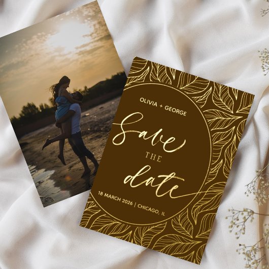 Modern Classy Elegant Leaves Foto Save the Date Folie Uitnodiging