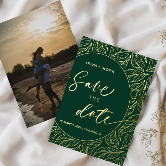 Modern Classy Elegant Leaves Foto Save the Date Folie Uitnodiging