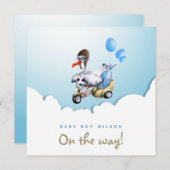 Modern Classy Funny Stork Scooter Boy Zwangerschap Aankondiging (Voorkant / Achterkant)