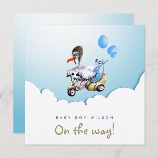 Modern Classy Funny Stork Scooter Boy Zwangerschap Aankondiging (Voorkant / Achterkant)