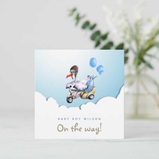Modern Classy Funny Stork Scooter Boy Zwangerschap Aankondiging (Staand voorkant)