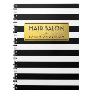 Modern Classy Gold Label en Black White Stripes Notitieboek