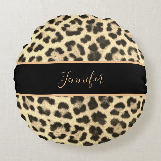 Modern Classy Leopard Print Gepersonaliseerde naam Rond Kussen (Voorkant)