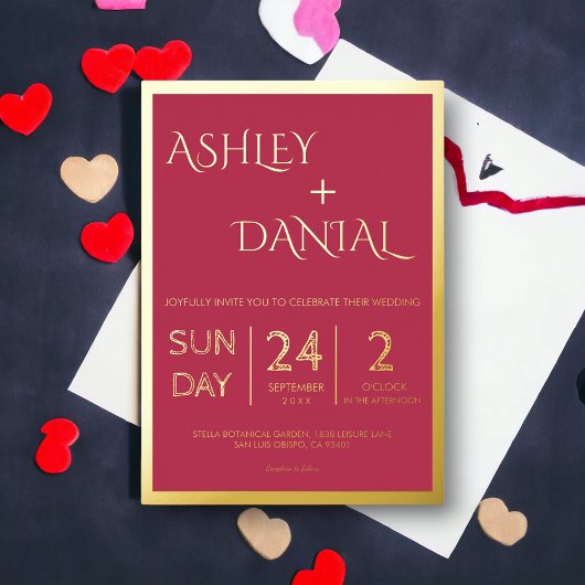 Modern Classy Magenta Gold Script omgeven huwelijk Folie Uitnodiging