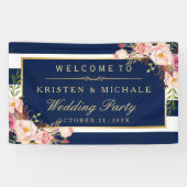 Modern Classy Navy Blue Floral Wedding Party Spandoek (Horizontaal)