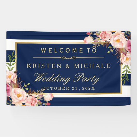 Modern Classy Navy Blue Floral Wedding Party Spandoek (Horizontaal)