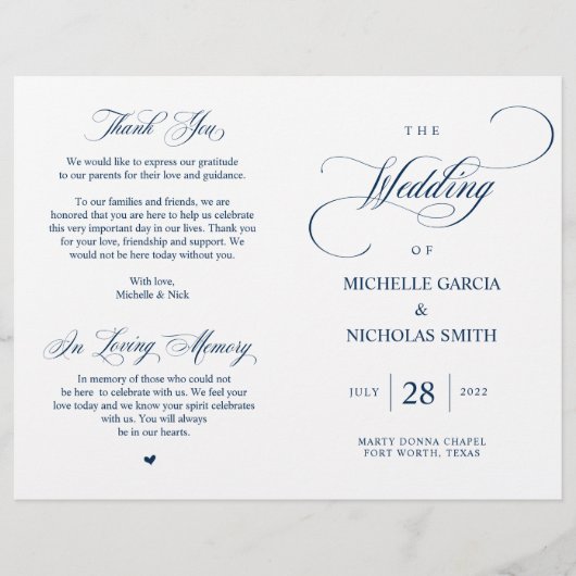 Modern Classy Navy Blue, vouwbaar huwelijksprogram (Voorkant)