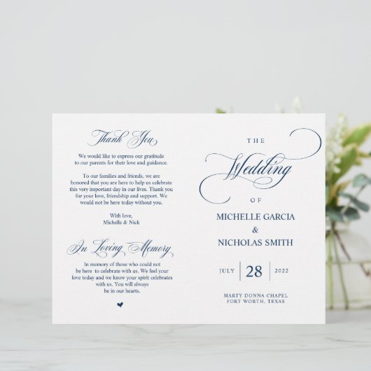 Modern Classy Navy Blue, vouwbaar huwelijksprogram (Staand voorkant)