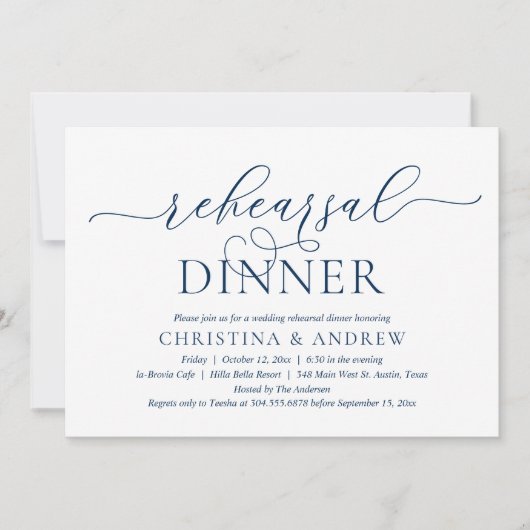 Modern Classy Navy Blue, Wedding Rehearsal Dinner Kaart (Voorkant)