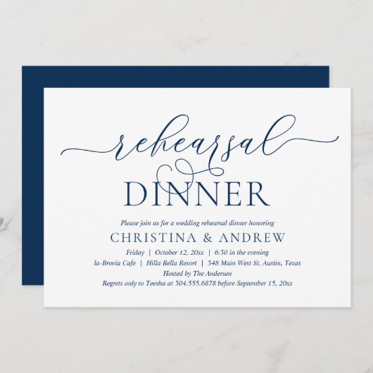 Modern Classy Navy Blue, Wedding Rehearsal Dinner Kaart (Voorkant / Achterkant)